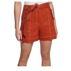 Calvin Klein Size XL Linen Blend Stitched Tie Waist Belted Shorts Burnt Orange